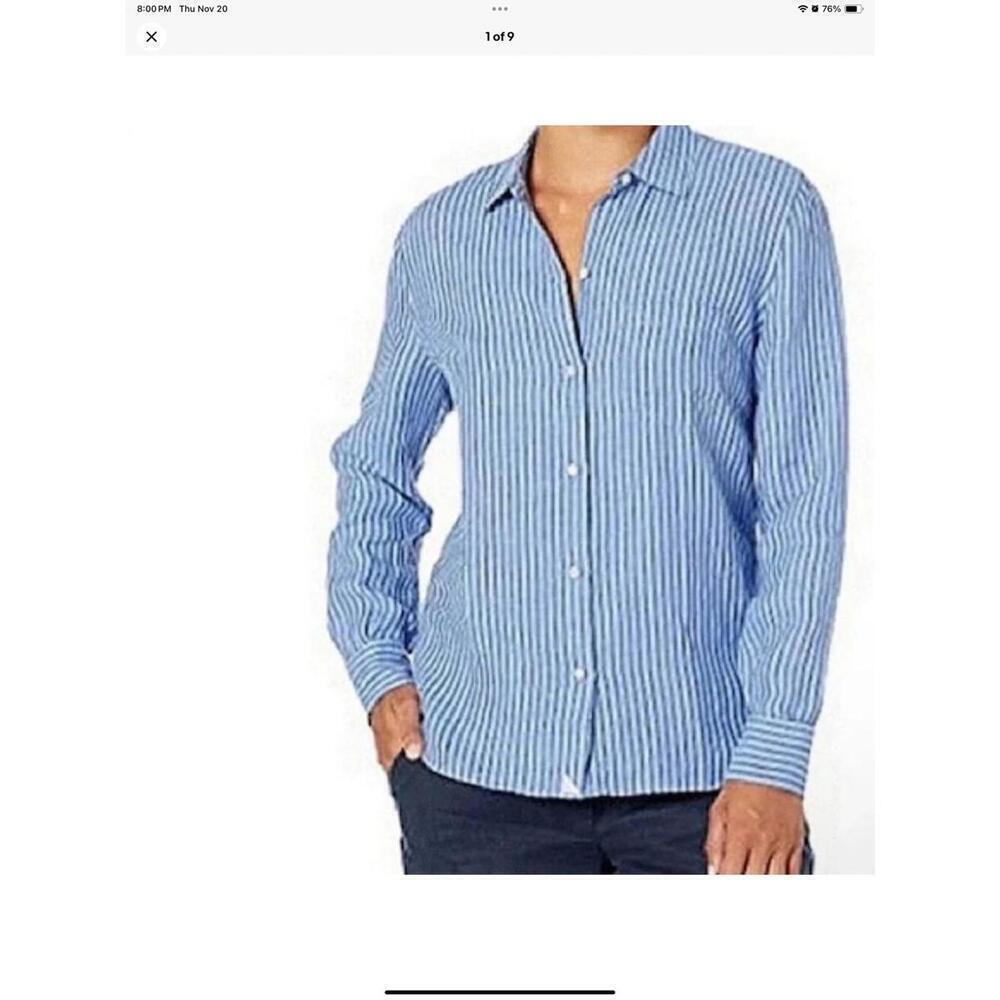 NWT UNTUCKit VILLA FIORE 100% LINEN BLUE WHITE PINSTRIPE BUTTON FRONT SHIRT 18